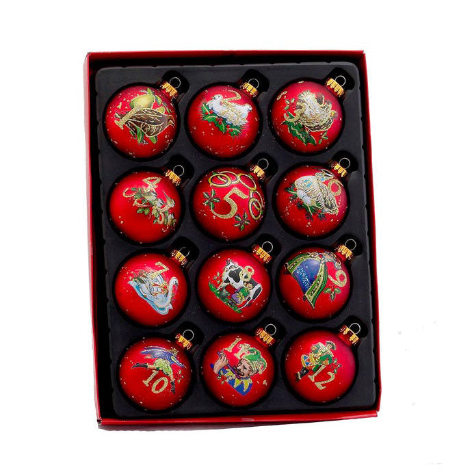 Kurt Adler Twelve Days Of Christmas Decorative Glass Ball Ornaments, 12-Piece Box Set, 65MM
