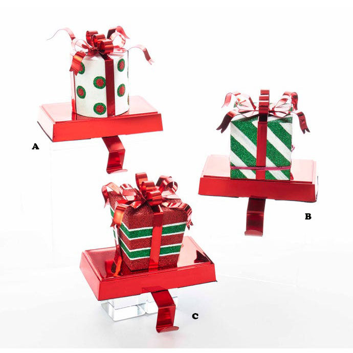 Kurt Adler Gift Box Stocking Hanger, 3 Assorted Sold Individually, 3.5"