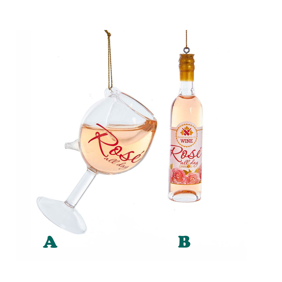 Kurt Adler Rosé Glass Wine Bottle or Wine Glass Ornament, 4-4.5"