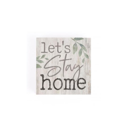 Word Block Wooden Sign, Let's Stay Home, 3.5"