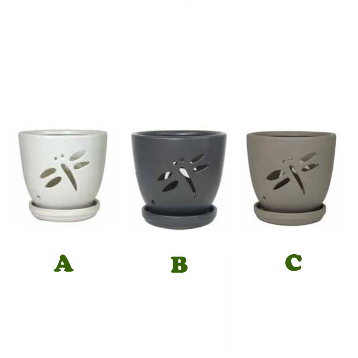 Dragonfly Orchid Pot w/ Saucer, 7 1/4" x 6"