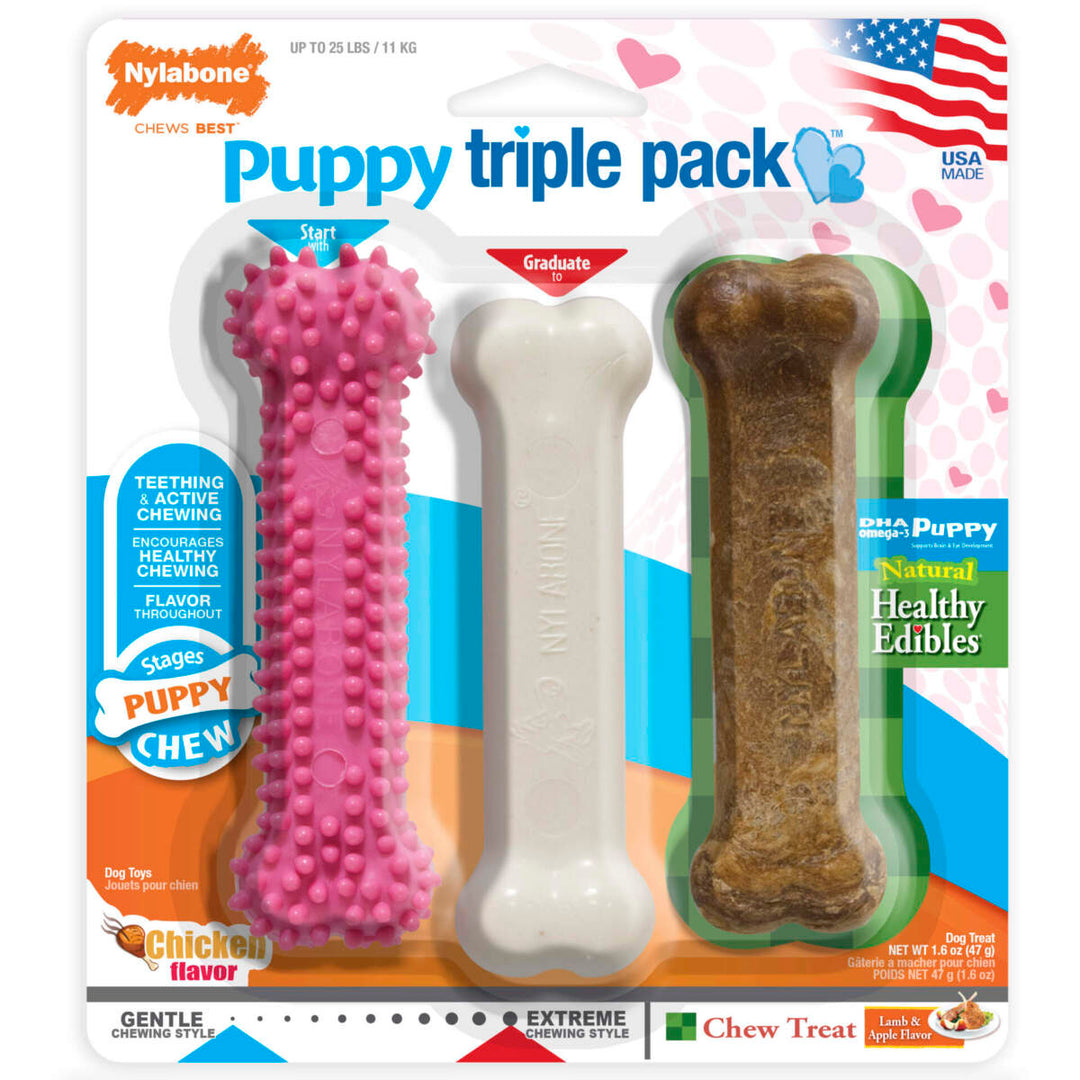 Nylabone Puppy Chew Variety Toy & Treat Triple Pack, Pink