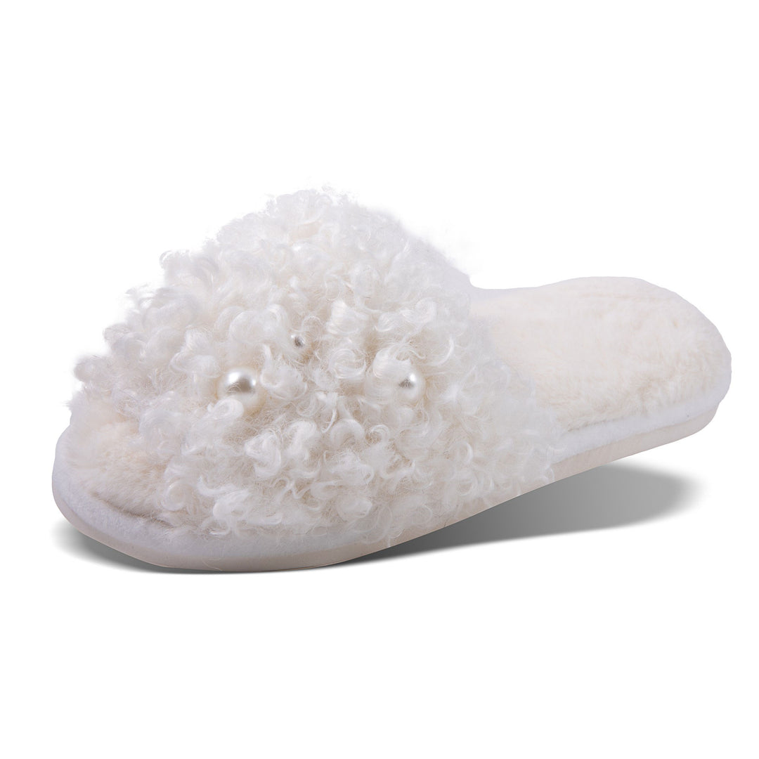 Curly Pearl Slippers, White, M