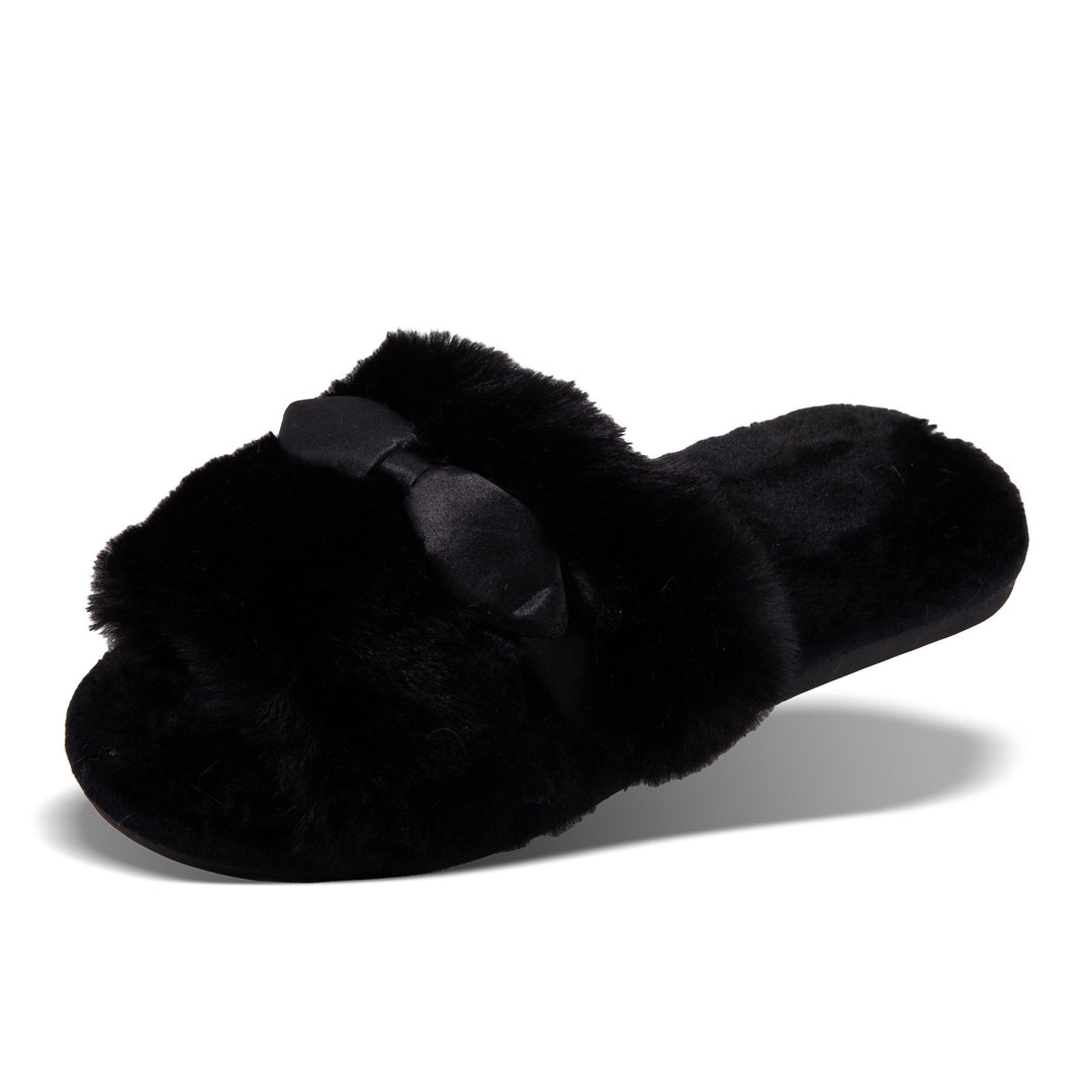 Satin Bow Slippers, Black, S
