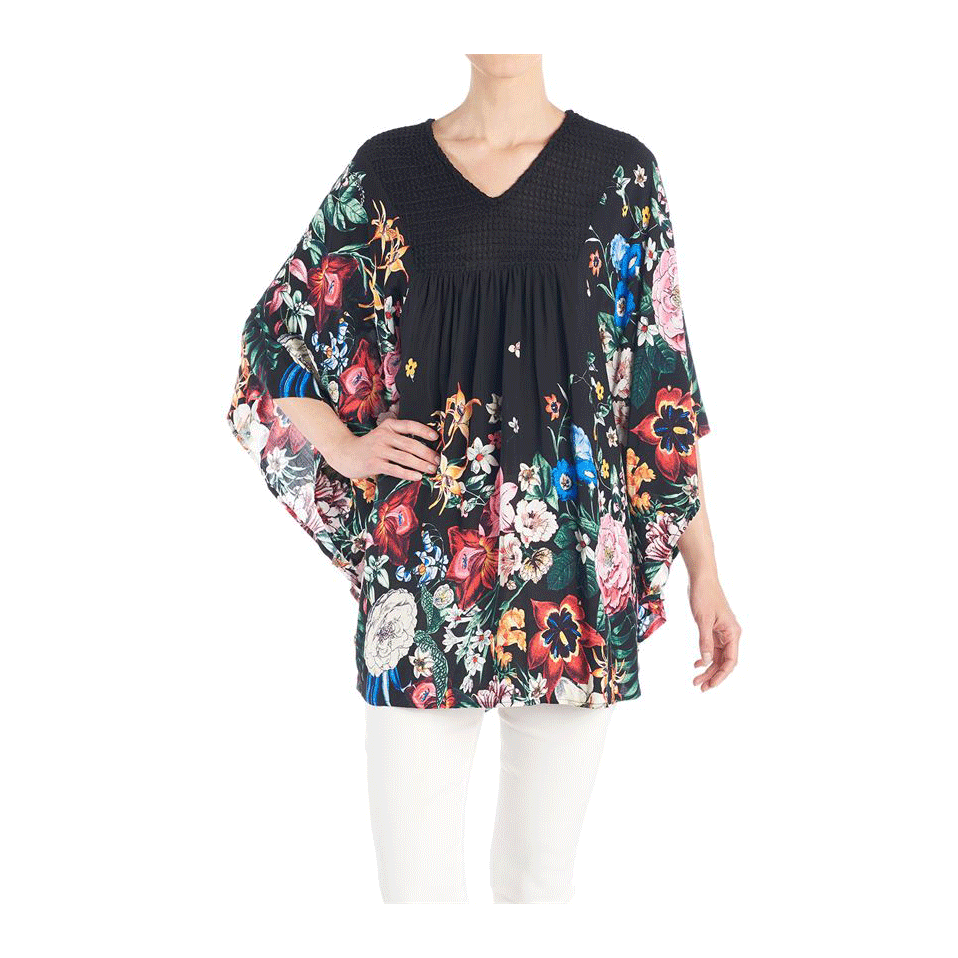 Crochet Top Tunic, Black Floral, XXL