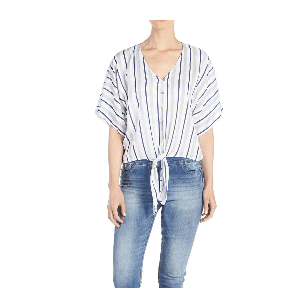 Tie Front Blouse, Blue Stripe, XXL