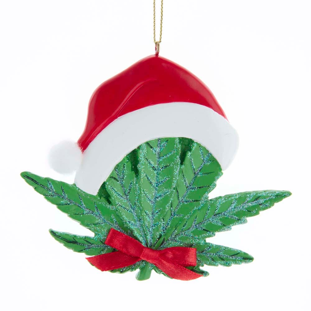 Kurt Adler Cannabis Leaf with Santa Hat Ornament for Personalization, 3.5"