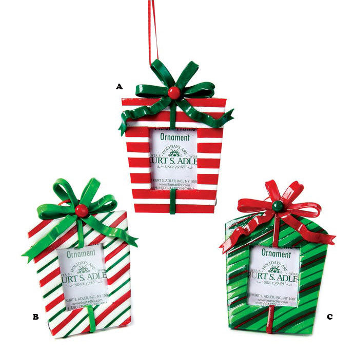 Kurt Adler Gift Box Picture Frame Ornament, 3 Assorted Sold Individually, 4.4"