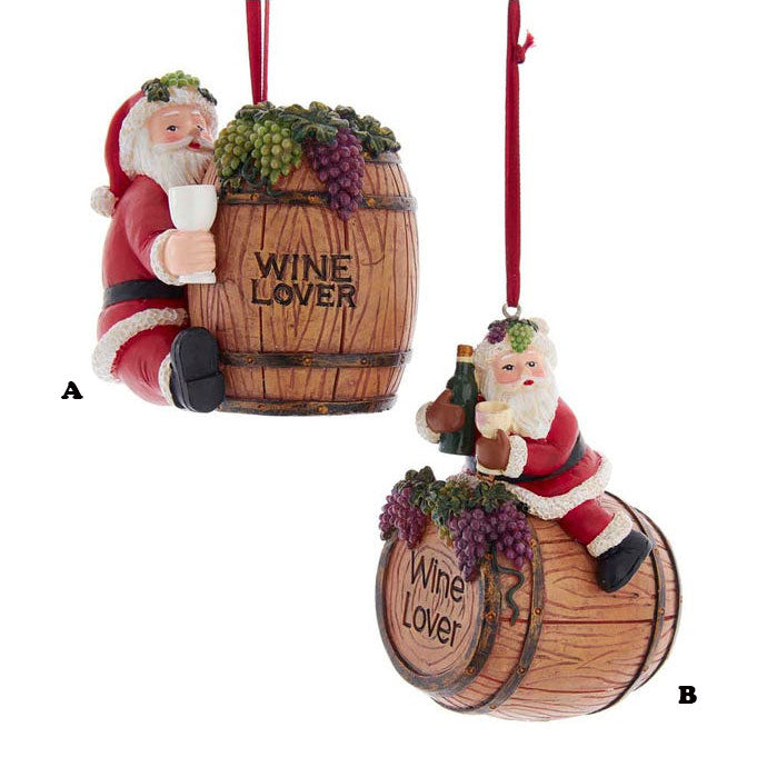 Kurt Adler Santa Wine Barrel Ornament, 2 Assorted Sold Individually, 3.75"