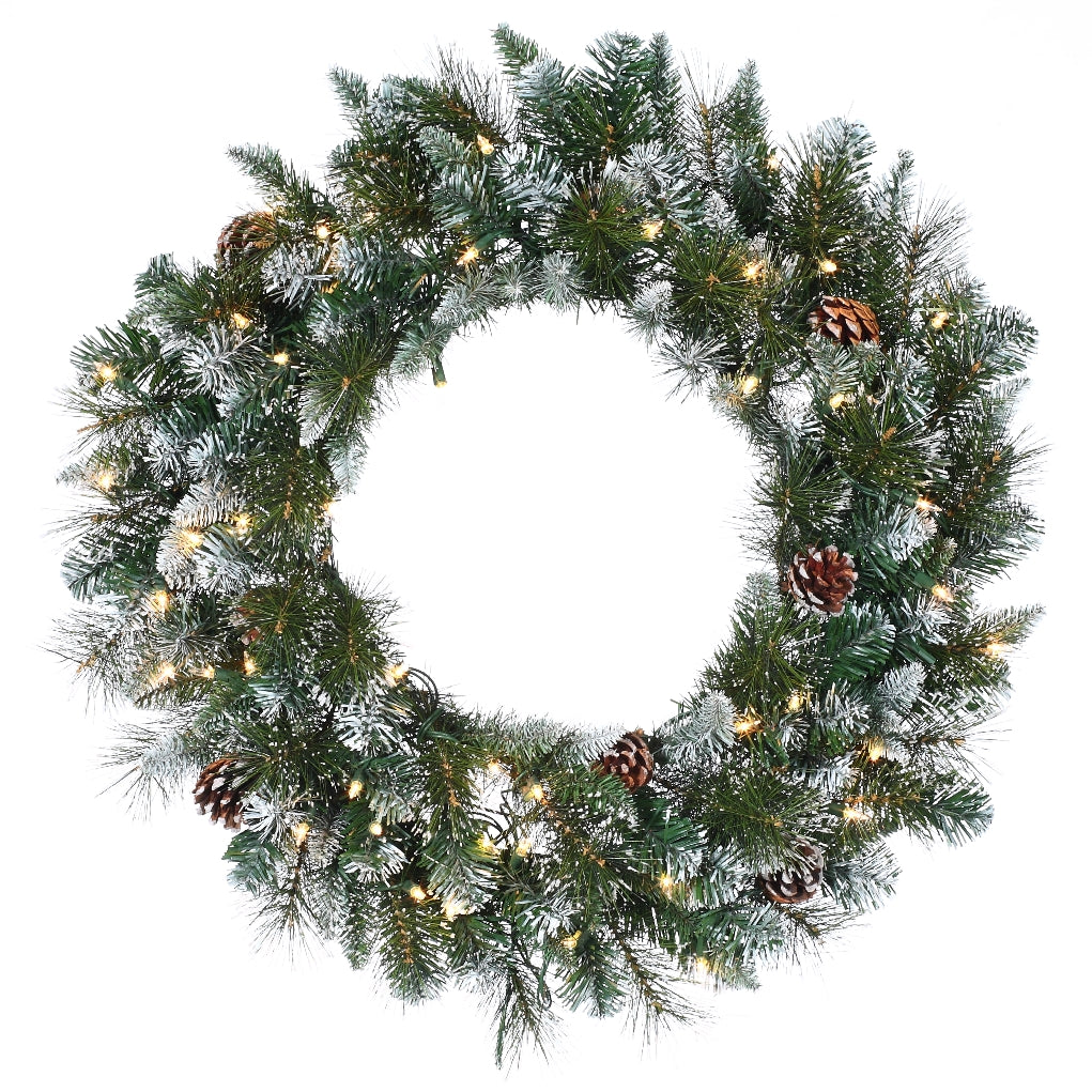 36" Mixed Snow Pine Lifelike Wreath, Pre-Lit Clear Lights