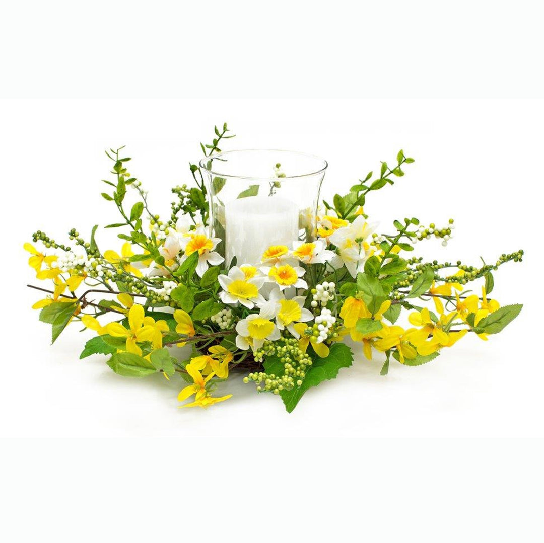 Narcissus/Forsythia Silk Floral Arrangement Candle Holder, 18" D x 8" H