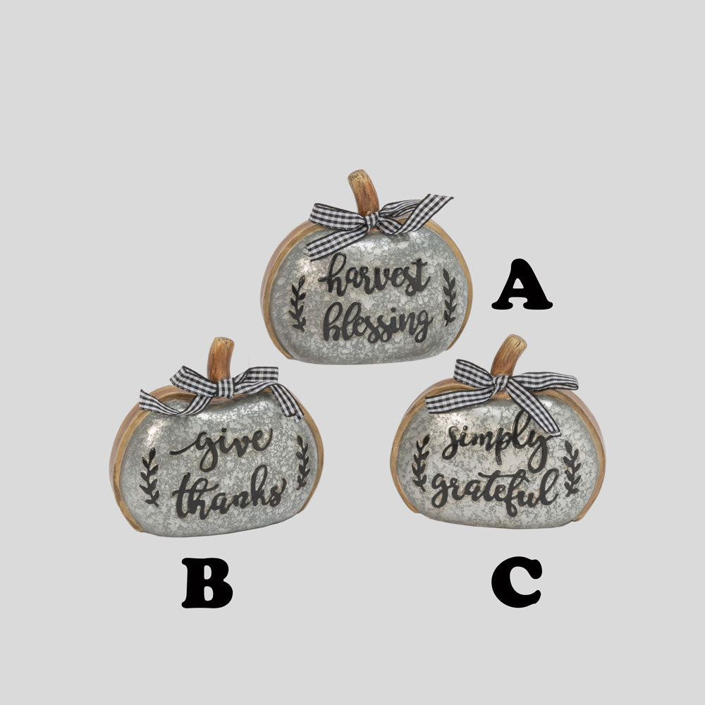 Gerson Company, Harvest Sign Pumpkin Assorted, Silver, Resin, 4.3"L