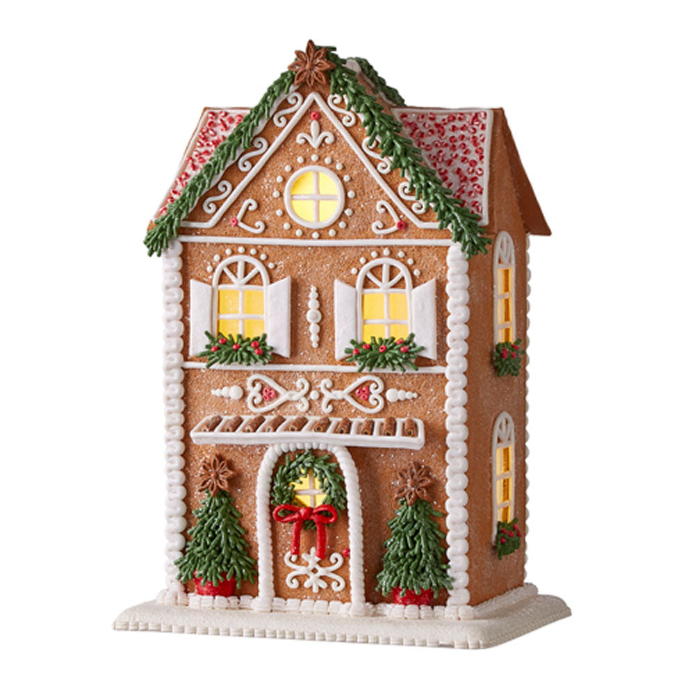 Raz Imports, Gingerbread Lighted House w/Trees, Clay Dough, Brown/White, 13"