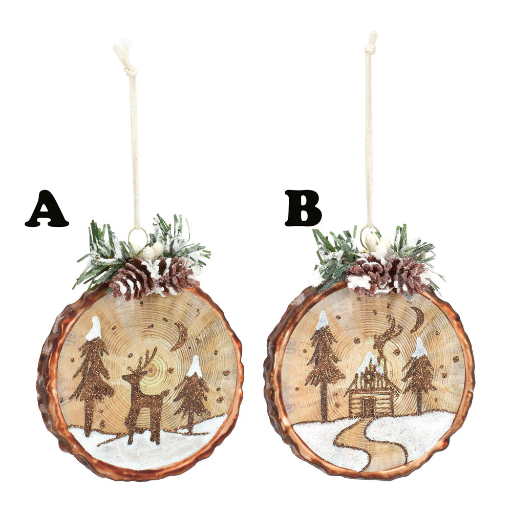 Melrose International Cabin or Deer Glass Ornament, Sold Separately, Brown/ Wood, 4.5"H