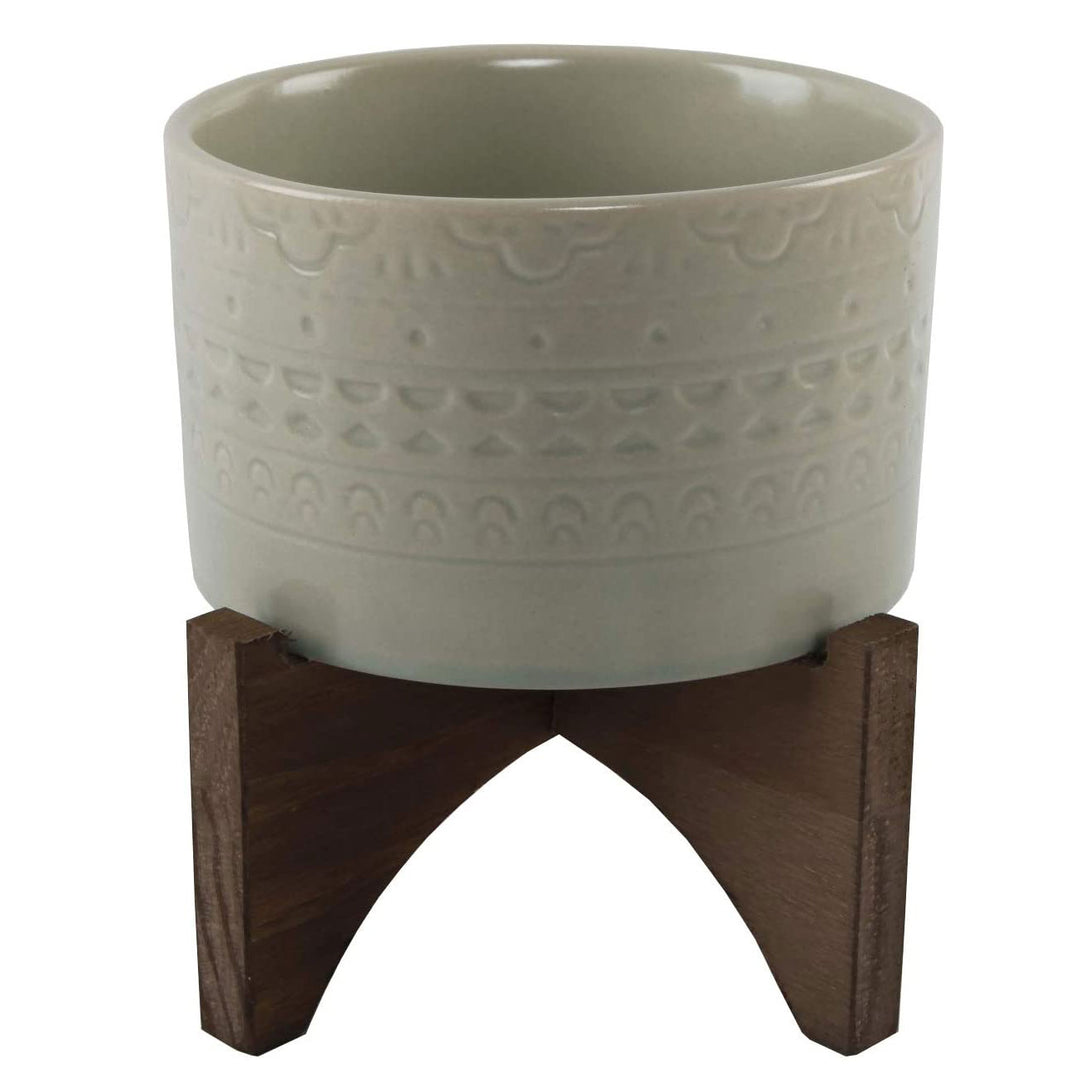 Flora Bunda Mid Century Mayan Ceramic Planter on Wood Stand, Matte, 5-inch
