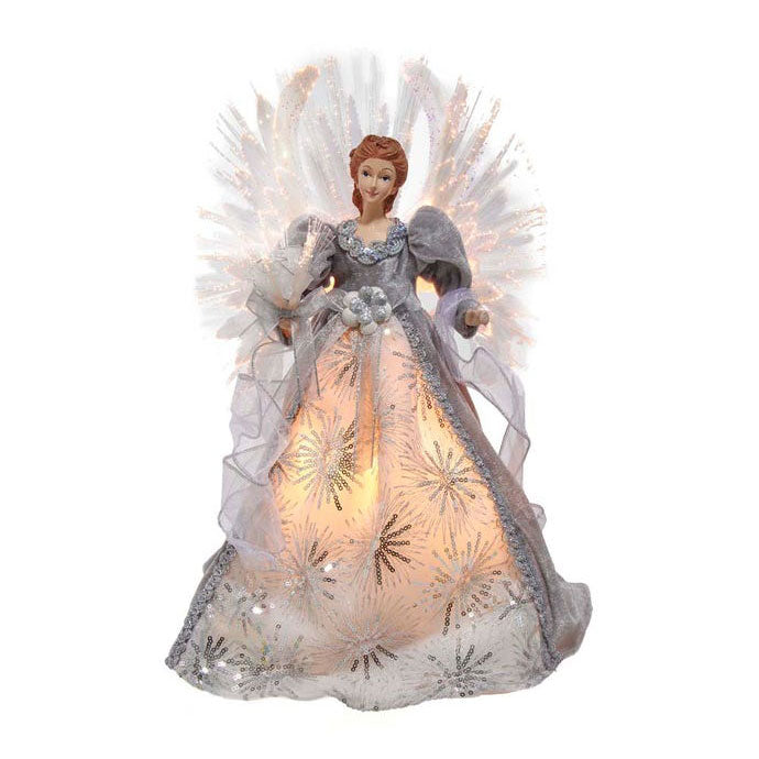 Kurt Adler Fiber-Optic White, Silver and Grey Lighted Angel Treetop, 16"