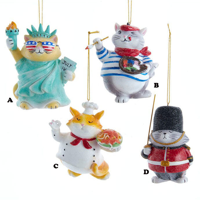 Kurt Adler International Cat Ornament, 4 Assorted Sold Individually, 3.5"