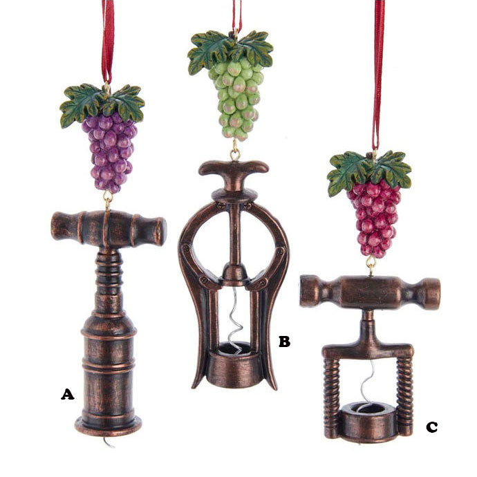 Kurt Adler Wine Bottle Opener Ornament, 3 Assorted Sold Individually, 5"