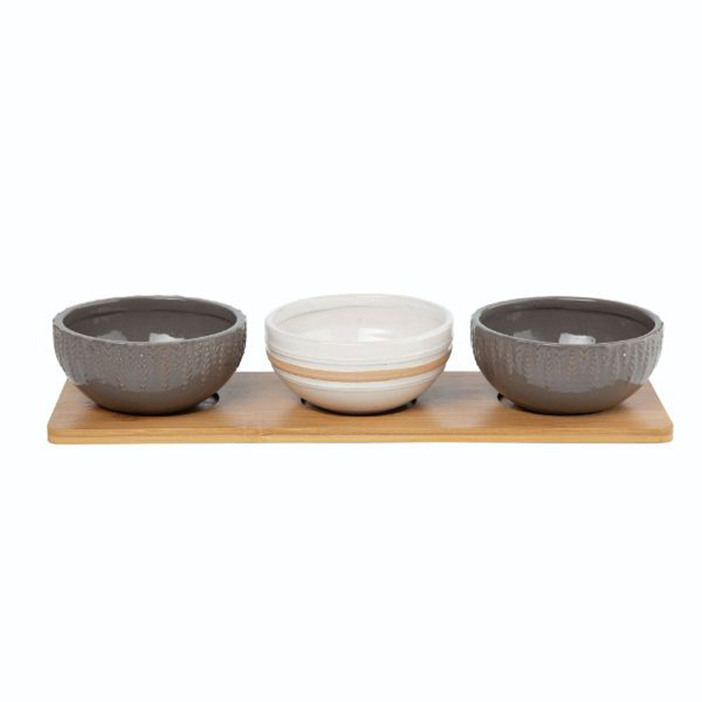 Transpac, Stoneware Bowl Set on Wood Tray, 4 pieces