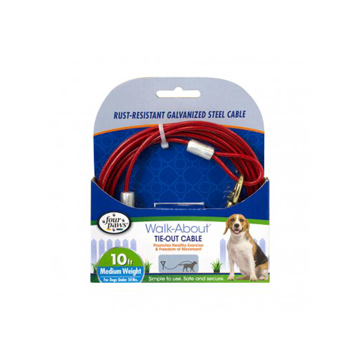 Four Paws Tie-Out Cable, Medium Weight, Red, 10'