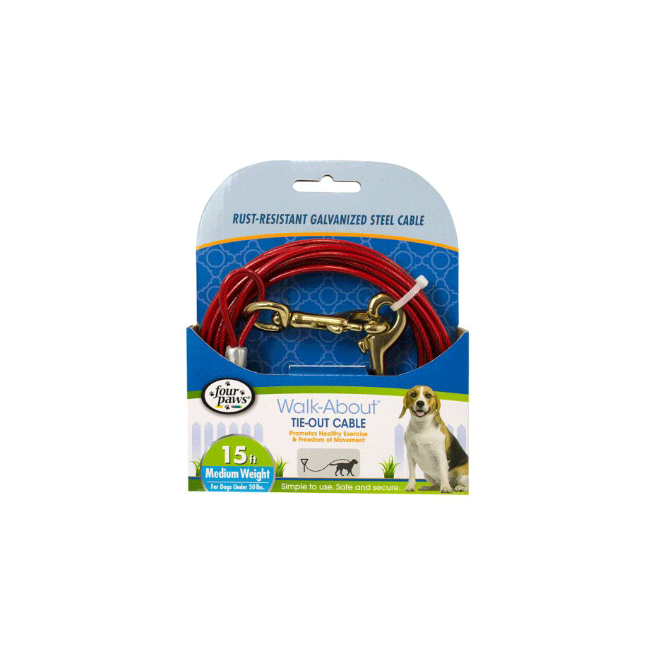 Four Paws Tie-Out Cable, Medium Weight, Red, 15'