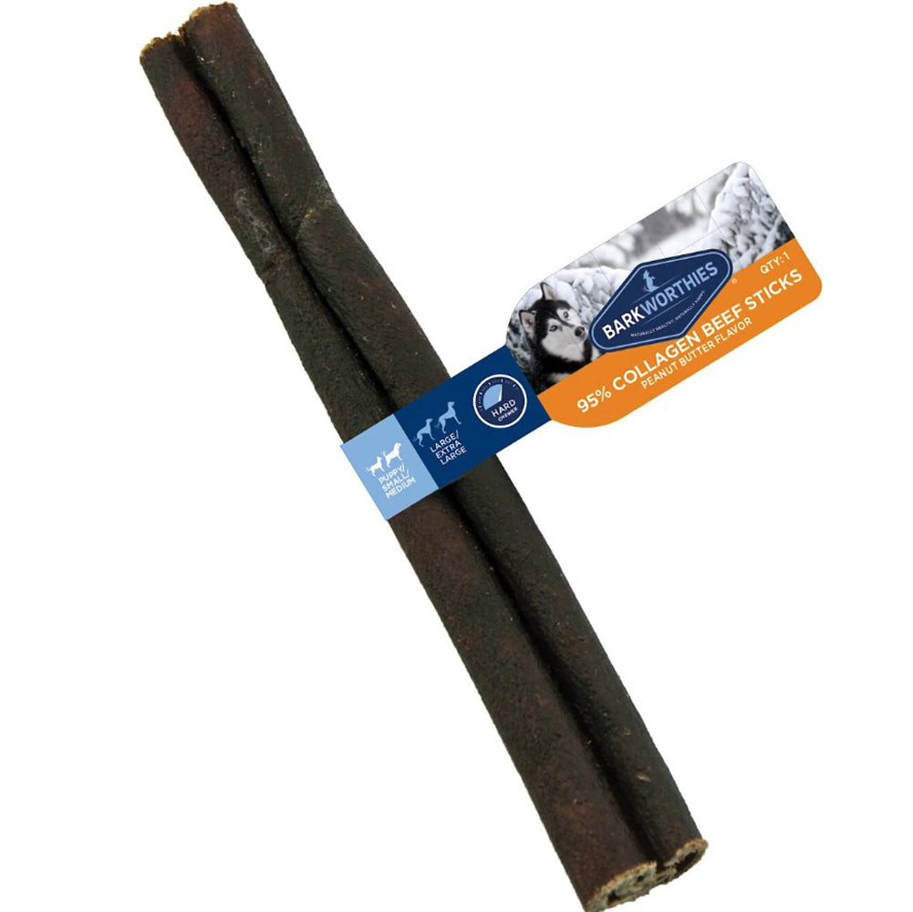 Barkworthies, Beef Collagen Stick, Peanut Butter Flavored, 6"