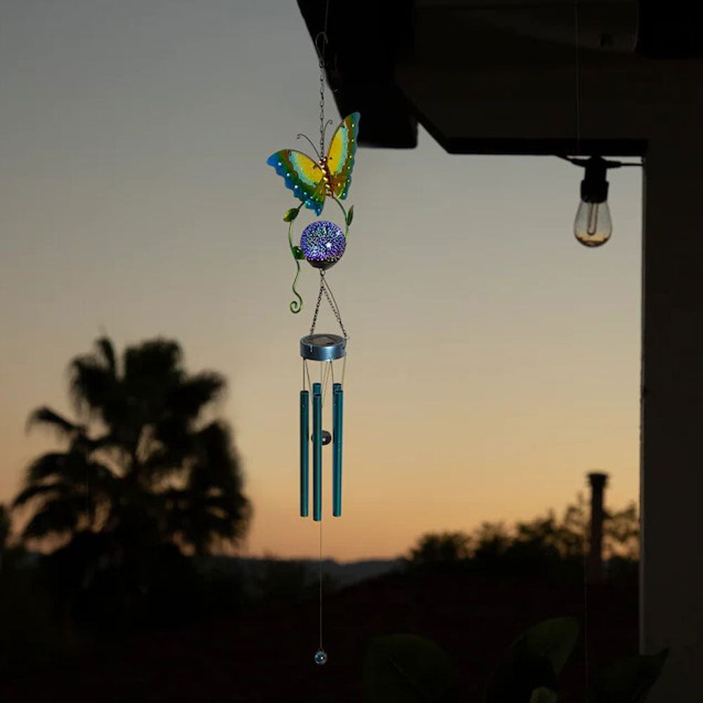 Alpine, Blue Butterfly Solar Wind Chime w/ LED, 48"