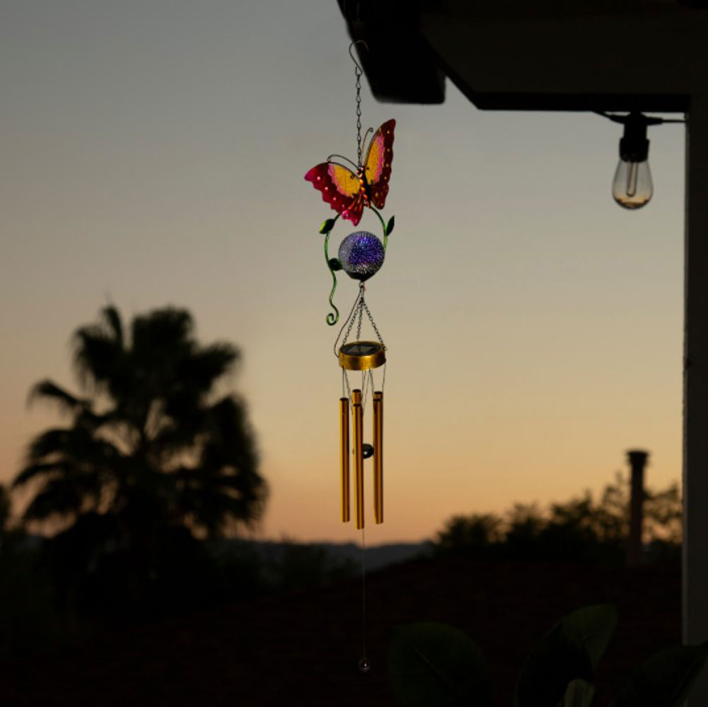 Alpine, Orange Butterfly Solar Wind Chime w/ LED, 48"