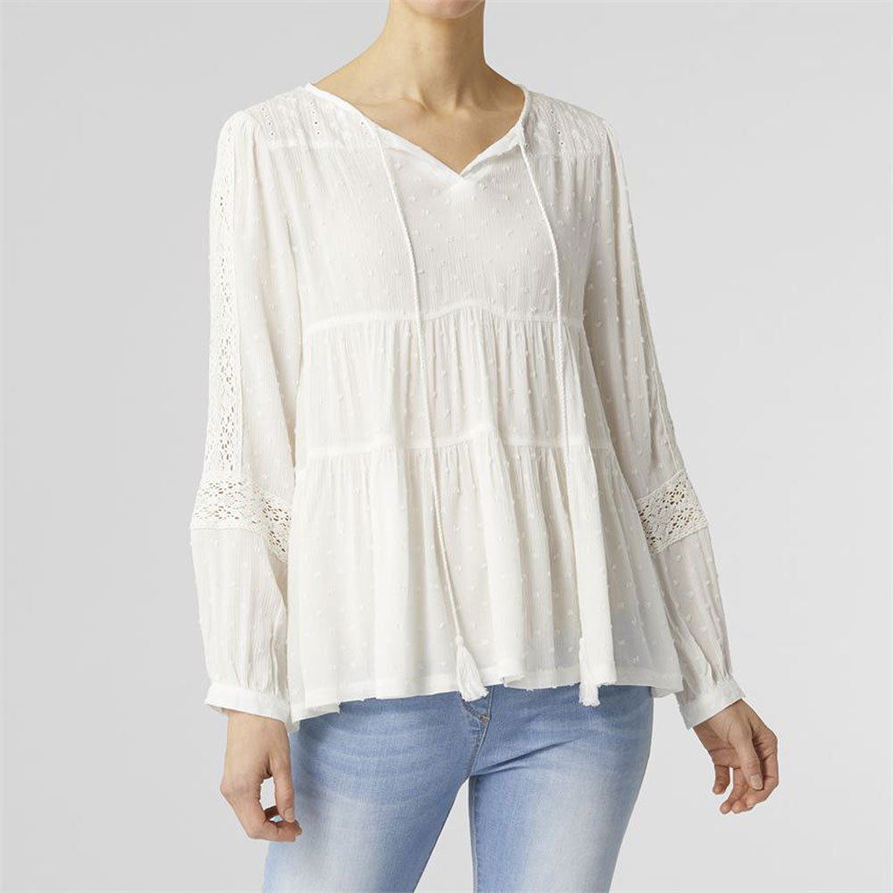 Coco + Carmen, Lourdes Gauzy Swiss Dot Tiered Blouse, White
