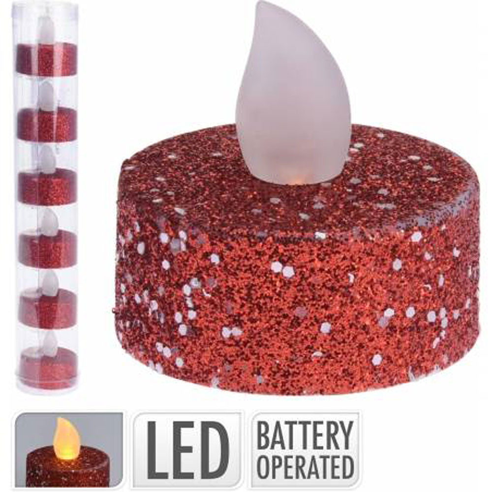 Koopman, LED Tealight, Red Glitter, 6PC