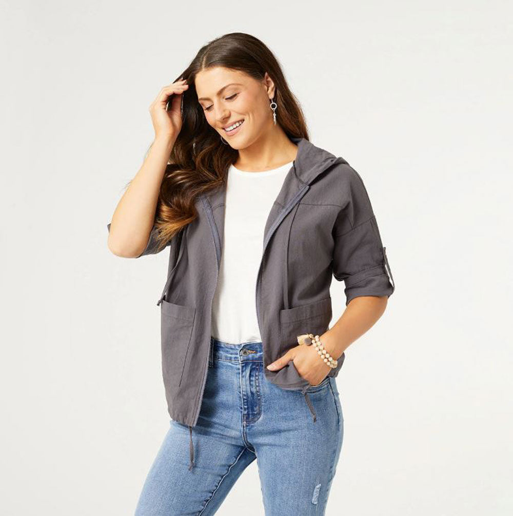 Coco+Carmen, Kaliyah Hooded 3/4 Sleeve Zip-Front, Grey
