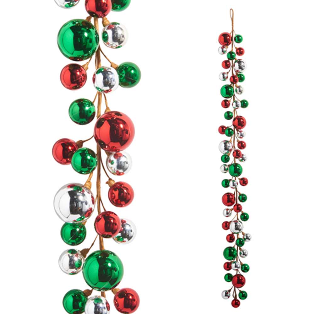 RAZ, Red, Green, & Silver Ball Garland, 4'