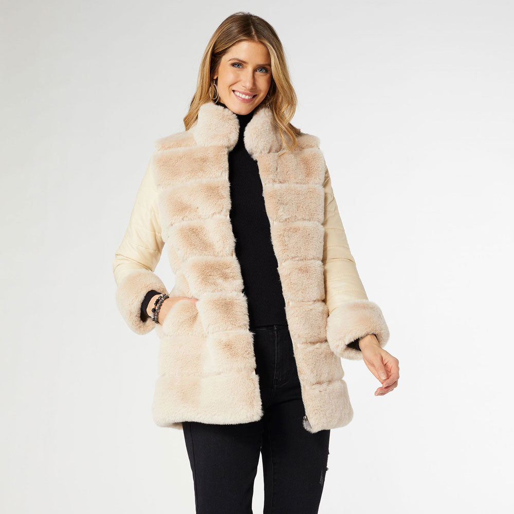 Coco+Carmen, Faux Fur Puffer Jacket, Beige