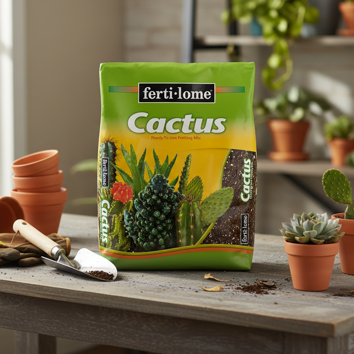 Ferti-Lome Cactus fertilizer package on a table with gardening tools and cacti.