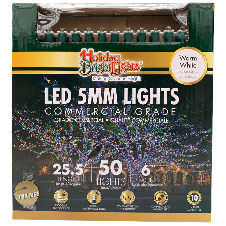 Holiday Bright Lights® LED 5MM Commercial Grade 50 Lights/25.5 Ft. Length, Warm White
