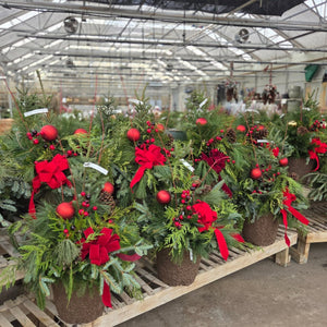 Decorated Porch Pot Greenery Arrangement with Baubles and Bow in 12"