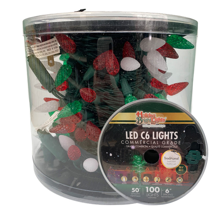 Holiday Bright Lights® LED C6 Commercial Grade 100 Lights/50 Ft. Reel, Traditional (Red, Green, White)