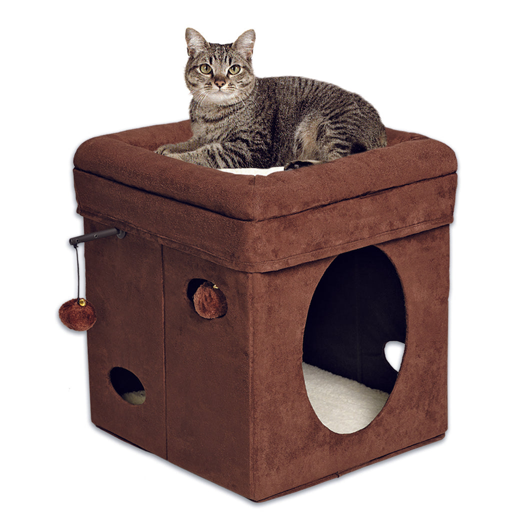 Midwest Pets Curious Cat Cube Barn, Brown Suede, 17"