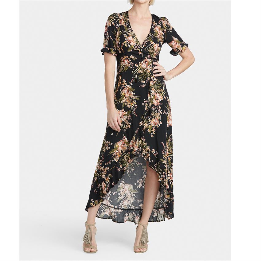 Miranda Long Ruffle Dress, Black Print, S/M