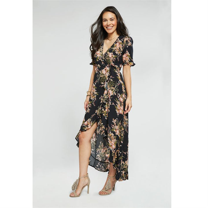 Miranda Long Ruffle Dress, Black Print, S/M
