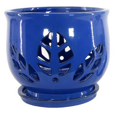 Michael Carr Designs Tulip Leaf Orchid Pot w/ Saucer, Cobalt Blue, 9.5 in. D x 8.3 in. H