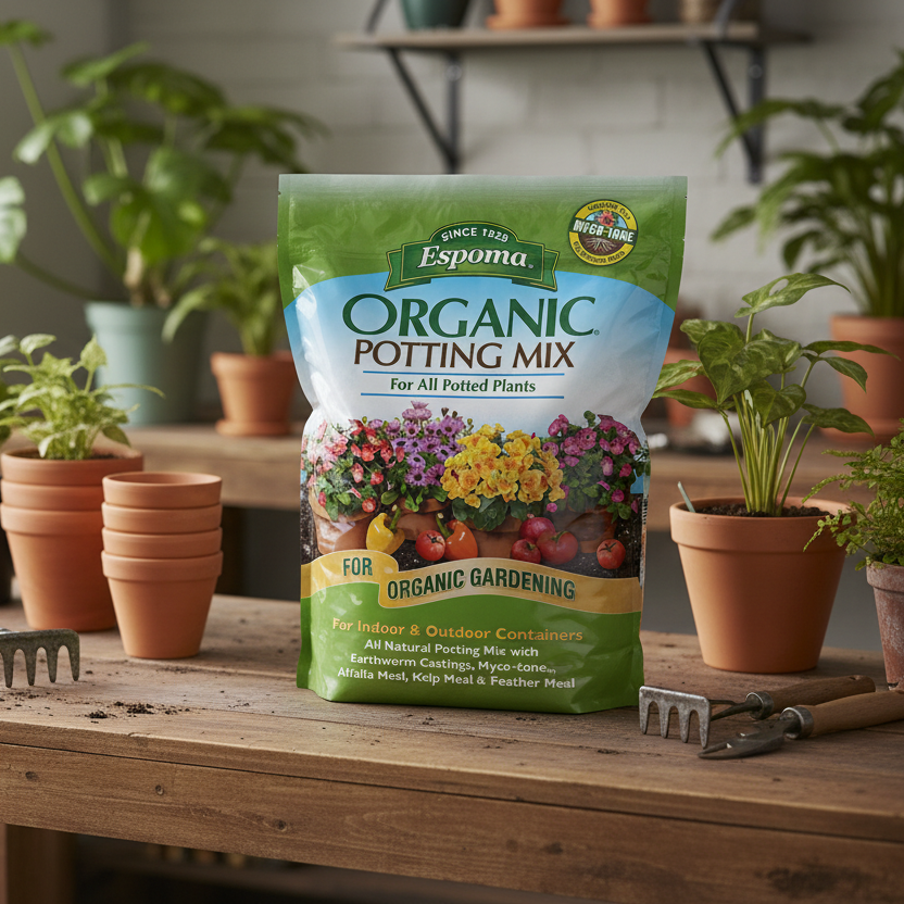 Bag of Espoma Organic Potting Mix on a table with potted plants in the background