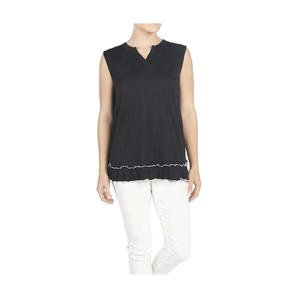 Crinkle Knit Ruffle Trim Tank, Black & White Trim, L/XL