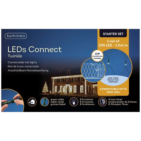 LED Twinkle Net Lights w/ Transformer, 200 Cool White Lights, 4.9x6.6ft