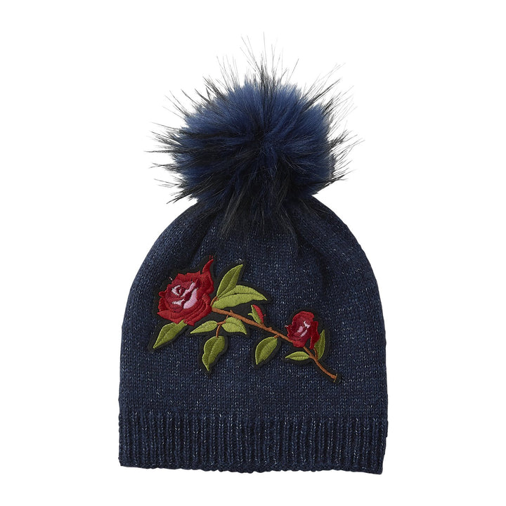 Embellished Rose Beanie, Navy