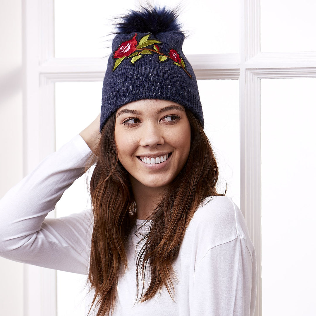 Embellished Rose Beanie, Navy