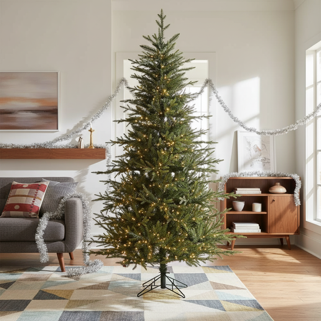 Decorated Christmas tree in a living room with lights and ornaments.