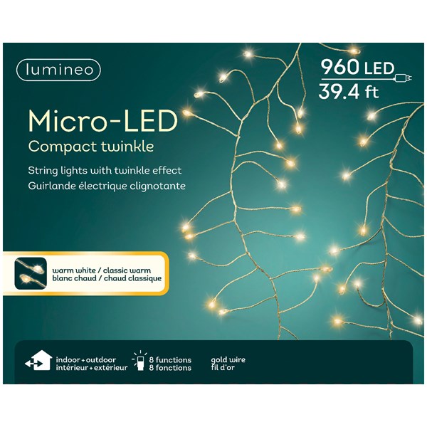 Lumimeo Micro LED Compact Twinkle Lights, 480 Micro Warm White Multi-Function Twinkling Lights