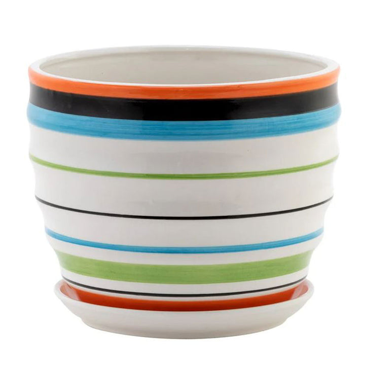 Napco, Blue/Coral Striped Pot W/Saucer