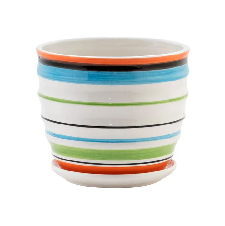 Napco, Blue/Coral Striped Pot W/Saucer